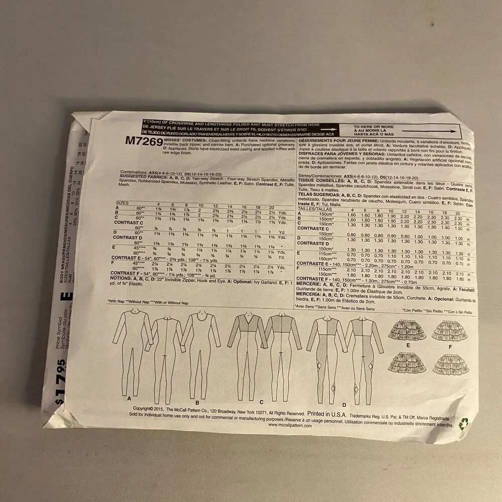#M7269 McCalls Costumes Misses Halloween Costumes Sewing Pattern Size 12-20